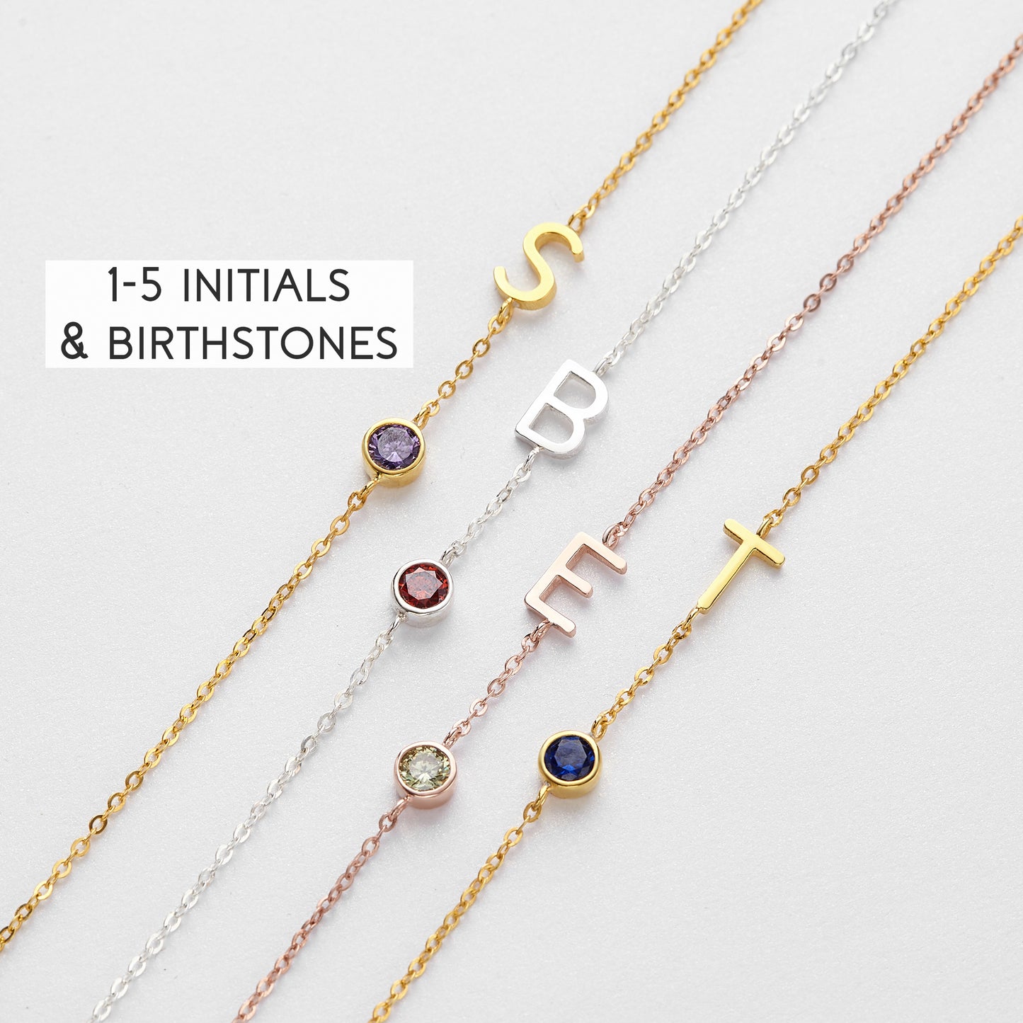 Personalized Mom Necklace with Sideways Initials and Birthstones