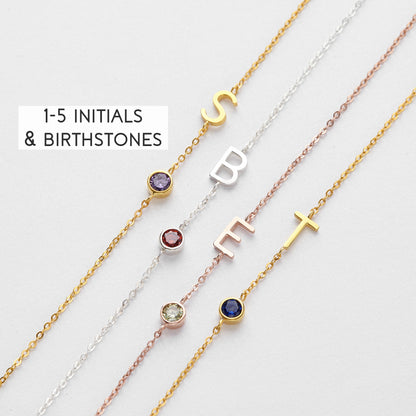 Personalized Mom Necklace with Sideways Initials and Birthstones