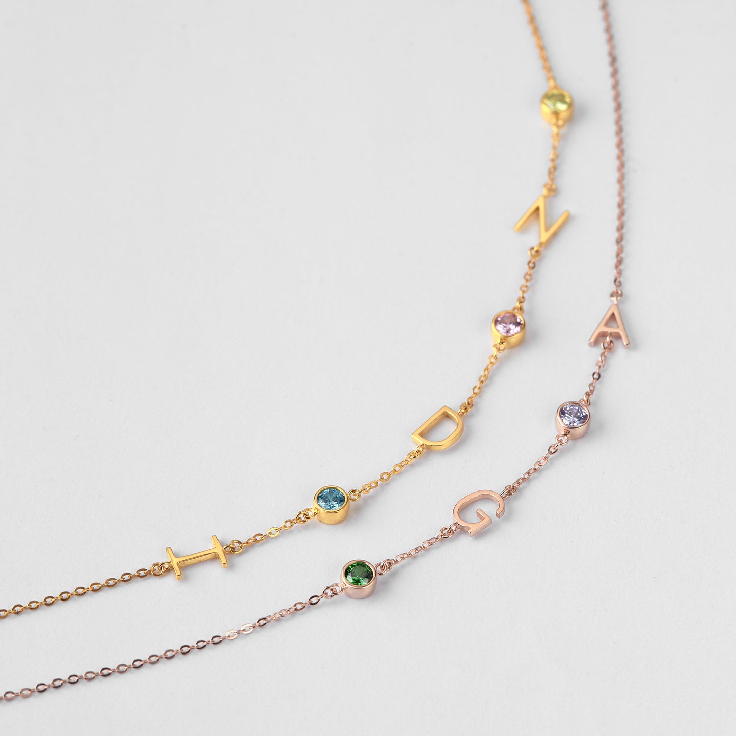 Personalized Mom Necklace with Sideways Initials and Birthstones