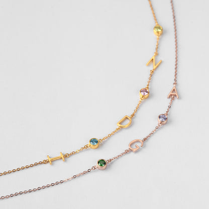 Personalized Mom Necklace with Sideways Initials and Birthstones