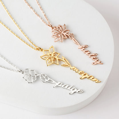 Birth Flower Name Necklace, Custom Name Jewelry, Floral Name Necklace